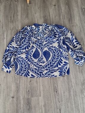 H&M White Blouse with Bold Blue Leaf Print